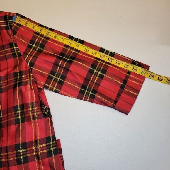 ROBBIE Bee Women's Vintage Silk Tartan Button Down Blouse Red Plaid Christmas - Picture 9 of 11